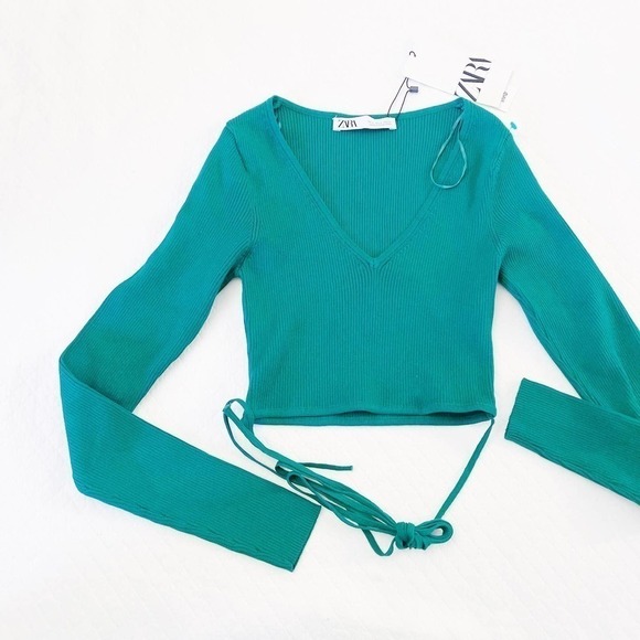 Zara Green Long Sleeve V-Neck Crop Top Crossbody Straps SZ S NWT - Picture 5 of 8